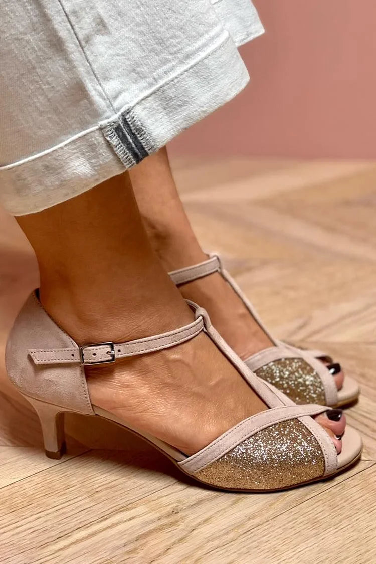 Glittersandalen met lage hak