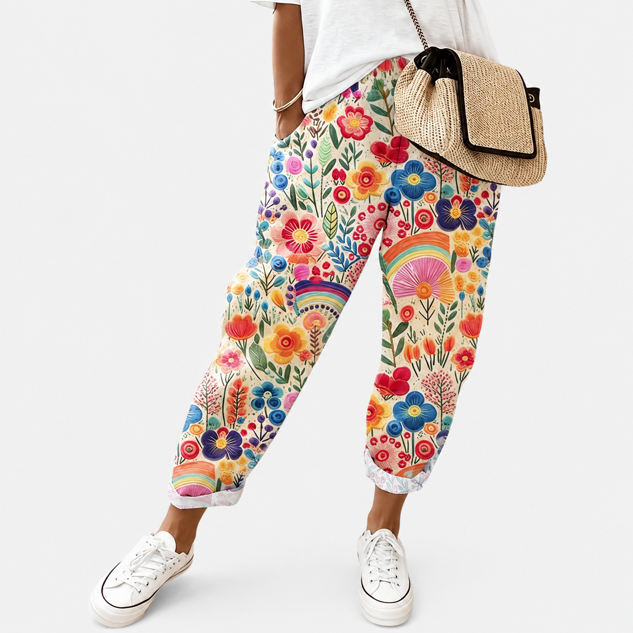 Comfortbroek met kleurrijke regenboogtuin-print