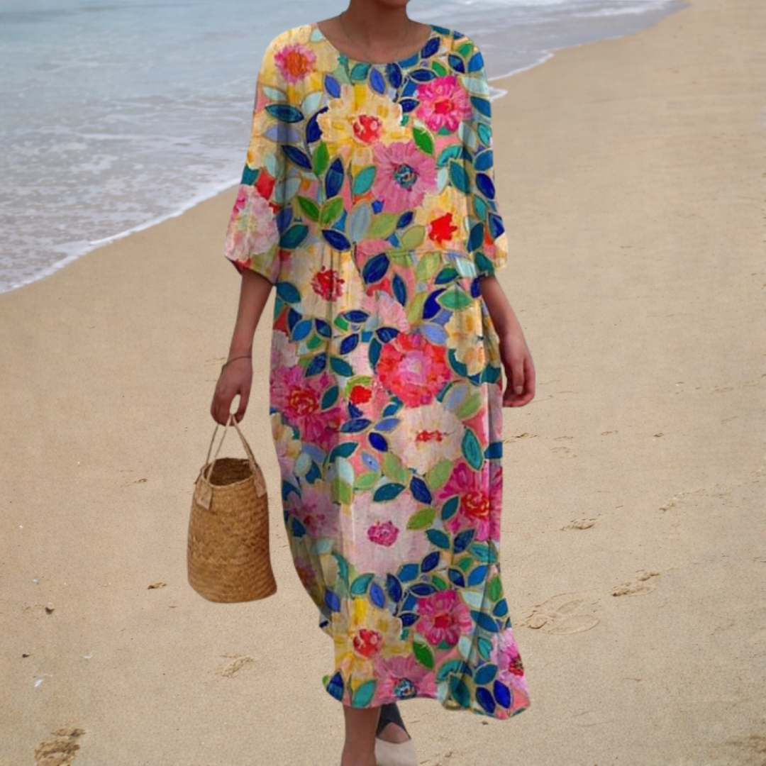 Helma lange jurk met bloemen in roze en blauw