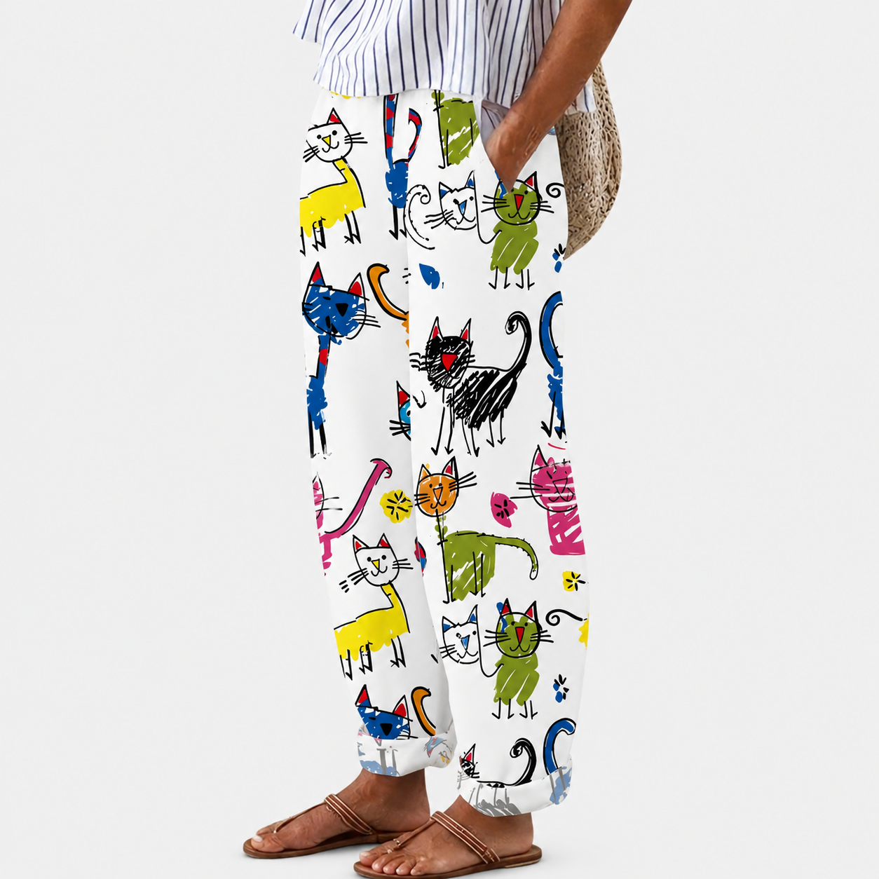 Comfortbroek met vrolijke kattenprint