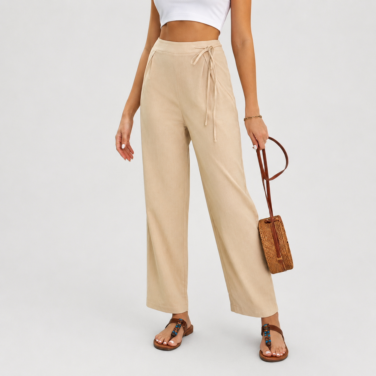 Sabby wijde broek met hoge geknoopte taille