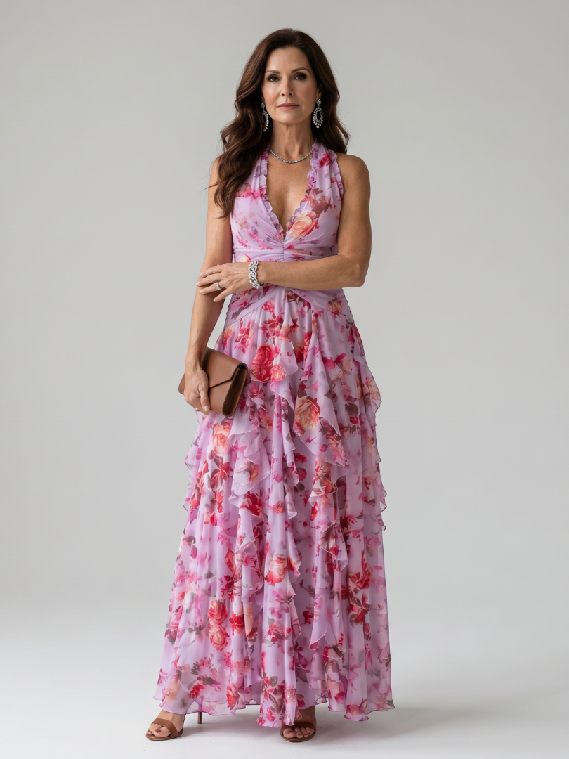 Nori halter maxi-jurk met gerimpeld lijfje en bloemenprint