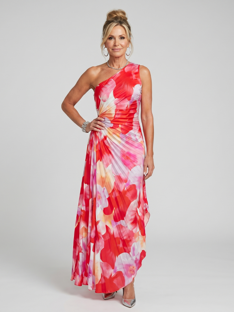 Taya one-shoulder midi-jurk met geplooid lijfje