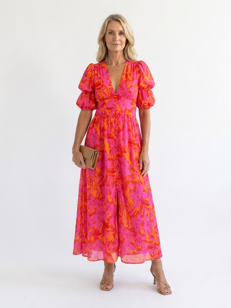 Willow | Bloemrijke V-Hals Midi Jurk met Puff Mouwen