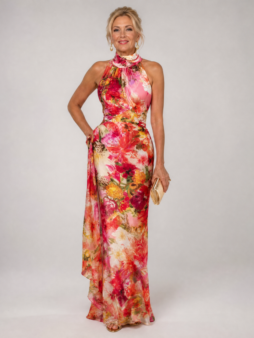Elisabetta halter maxi-jurk met bloemenprint