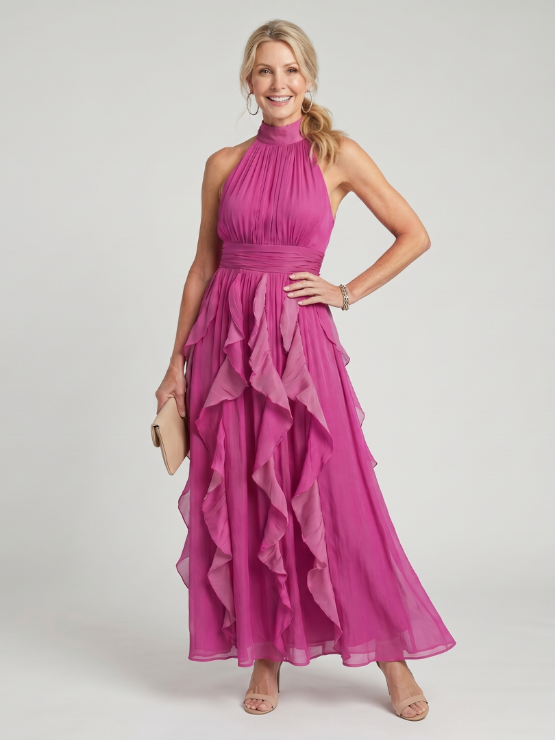 Orea | Maxi-jurk met hoge hals en geplooide ruffles