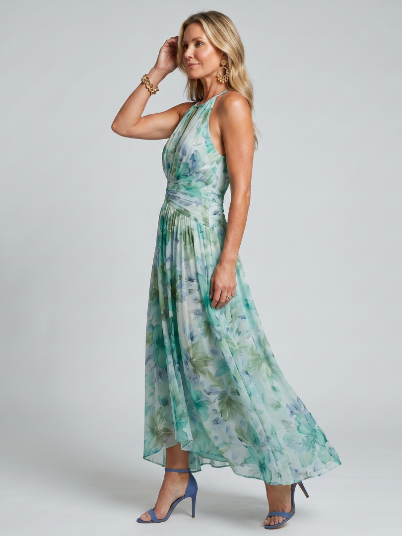 Portia geplooide halter midi-jurk met bloemenprint
