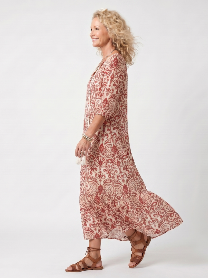 Margje lange jurk met ornamentprint in rood
