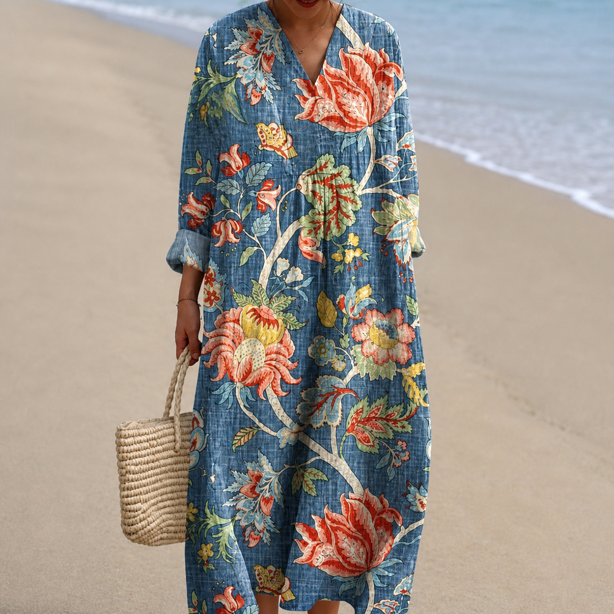 Louise jurk met grote bloemen op blauw