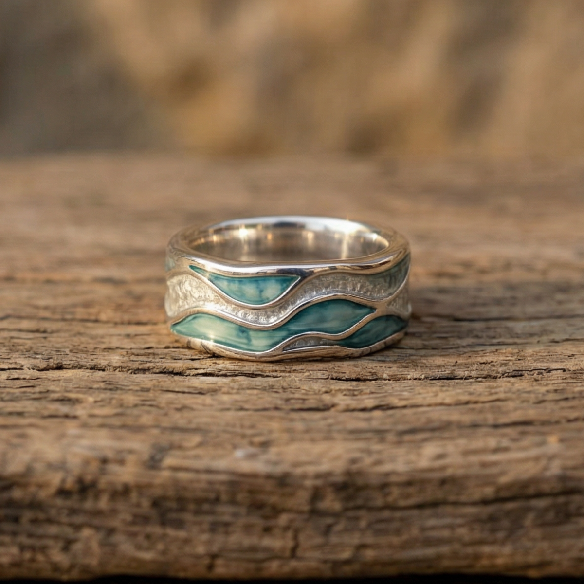 Zilveren golvenring met turkoois