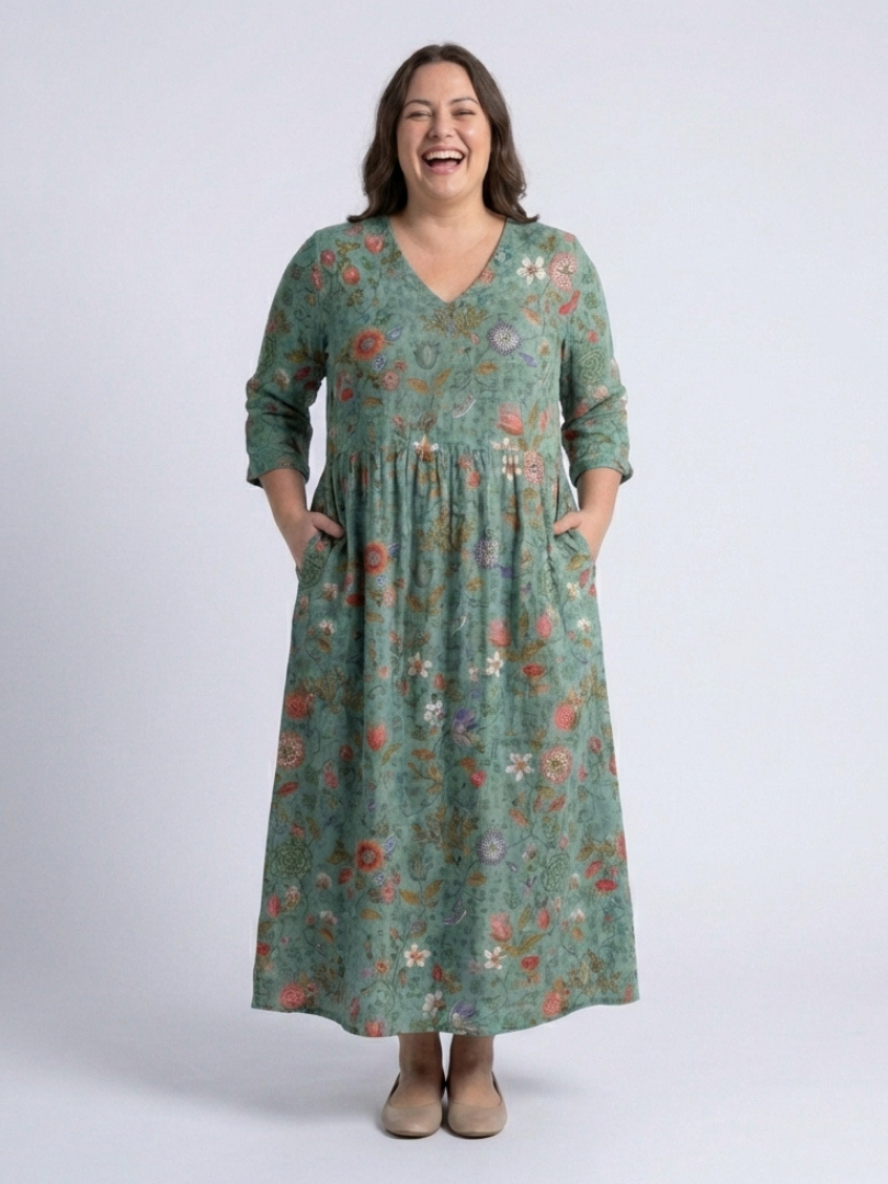 Marina | Bloemen V-Hals Driekwart Mouw Maxi Jurk