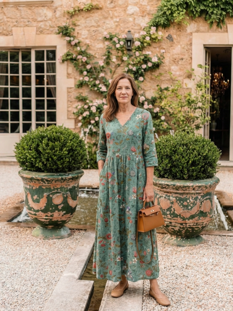 Marina | Bloemen V-Hals Driekwart Mouw Maxi Jurk