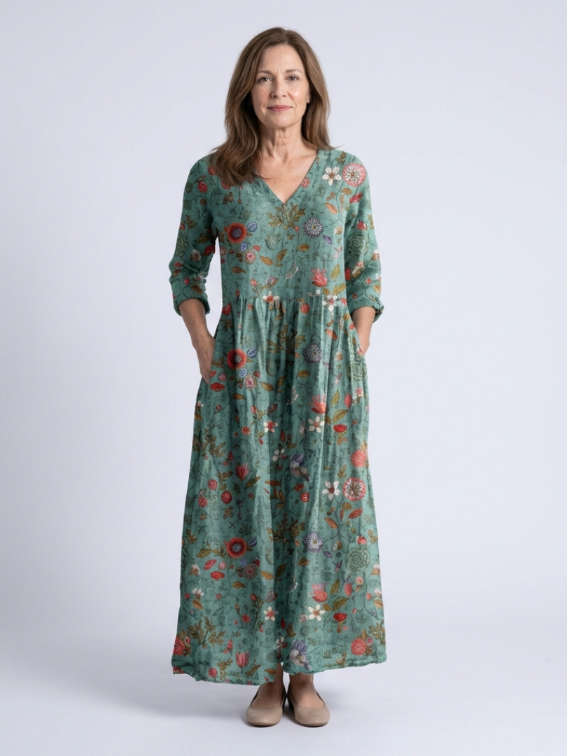 Marina | Bloemen V-Hals Driekwart Mouw Maxi Jurk