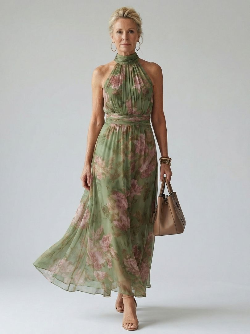Mirelle halter midi-jurk met gerimpeld lijfje