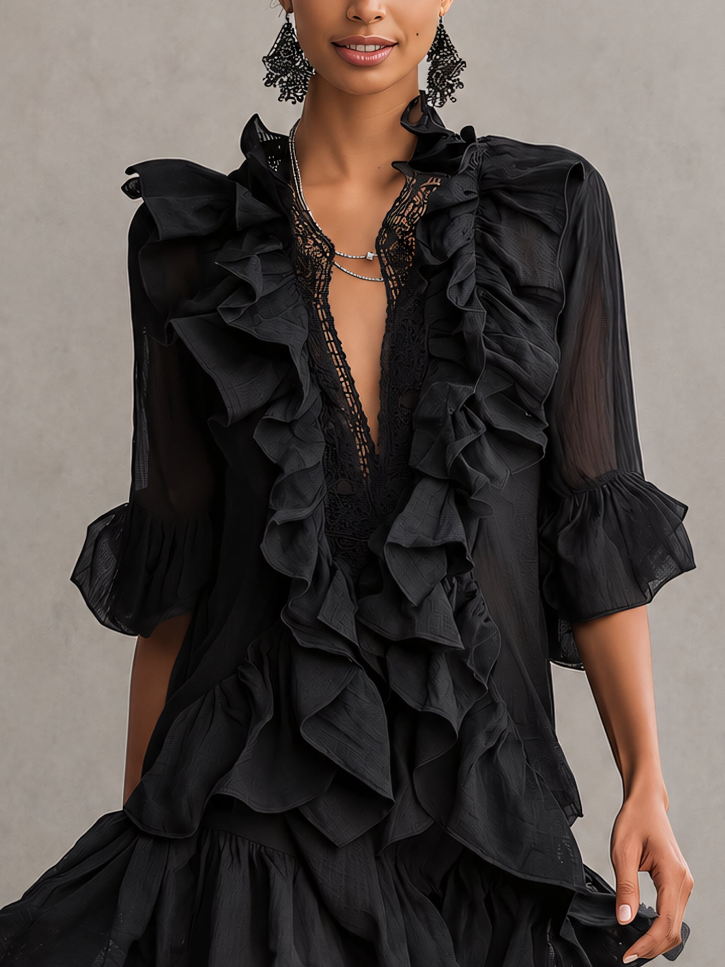 Anaïs zwarte mini-jurk van chiffon met volants