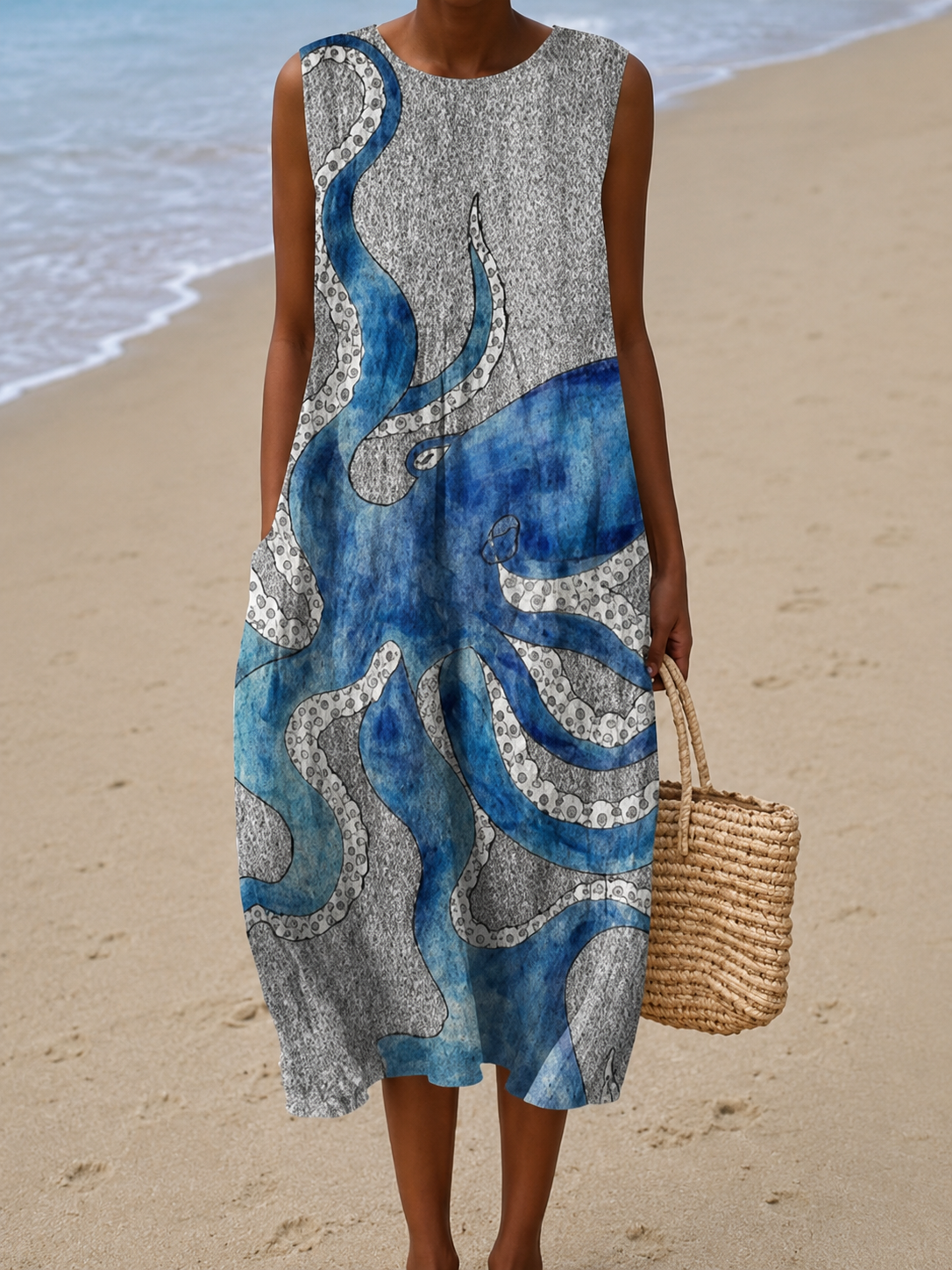 Brenna | Mouwloze Oceaanprint Midi Jurk
