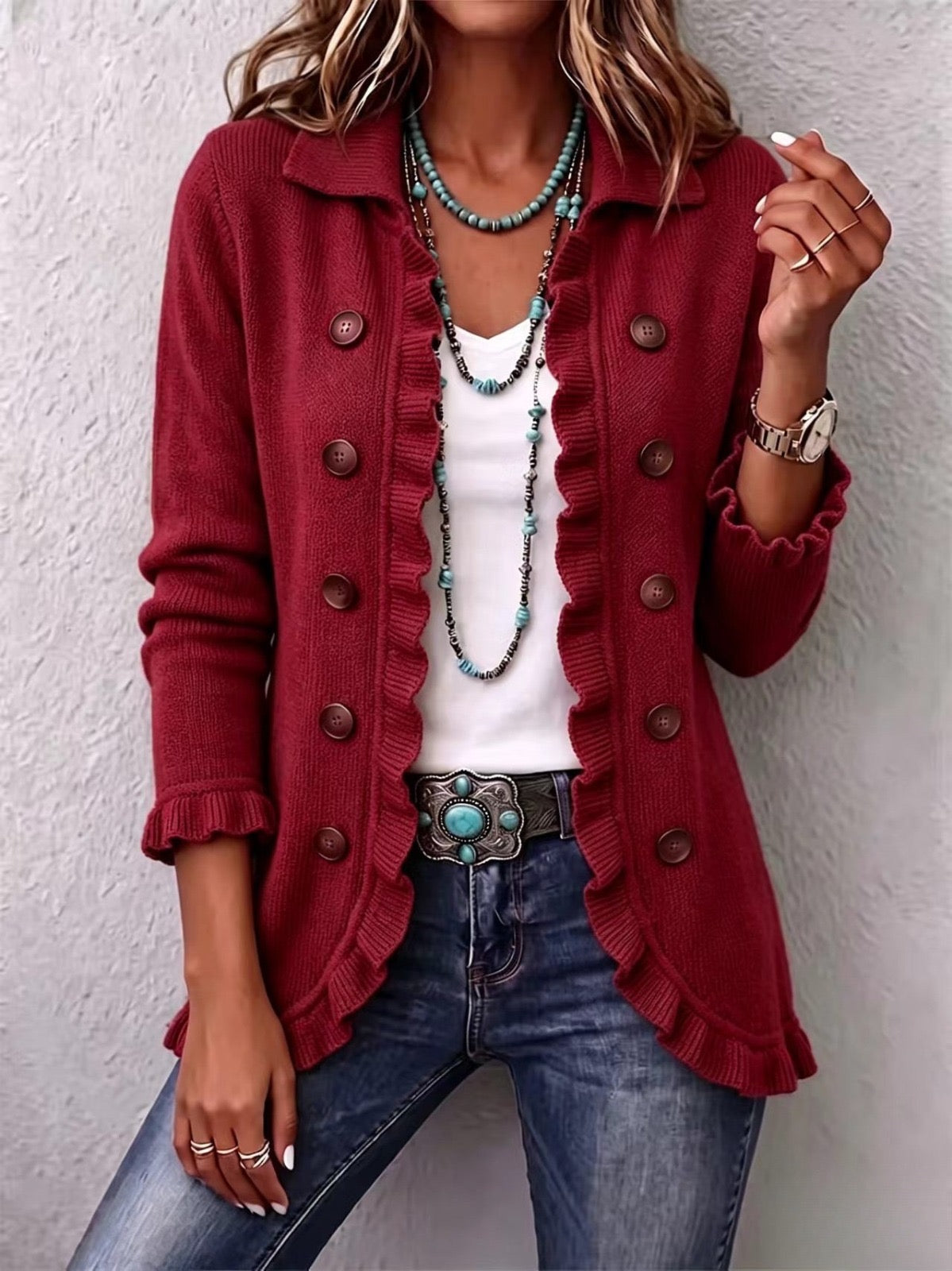 Rosalía | Rood Robijn Brei Jacket met Ruffles