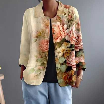 Faustina luchtige blouse met rozenprint op crème