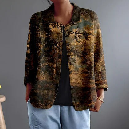 Fiorenza luchtige blouse met boslandschap in bruin en goud