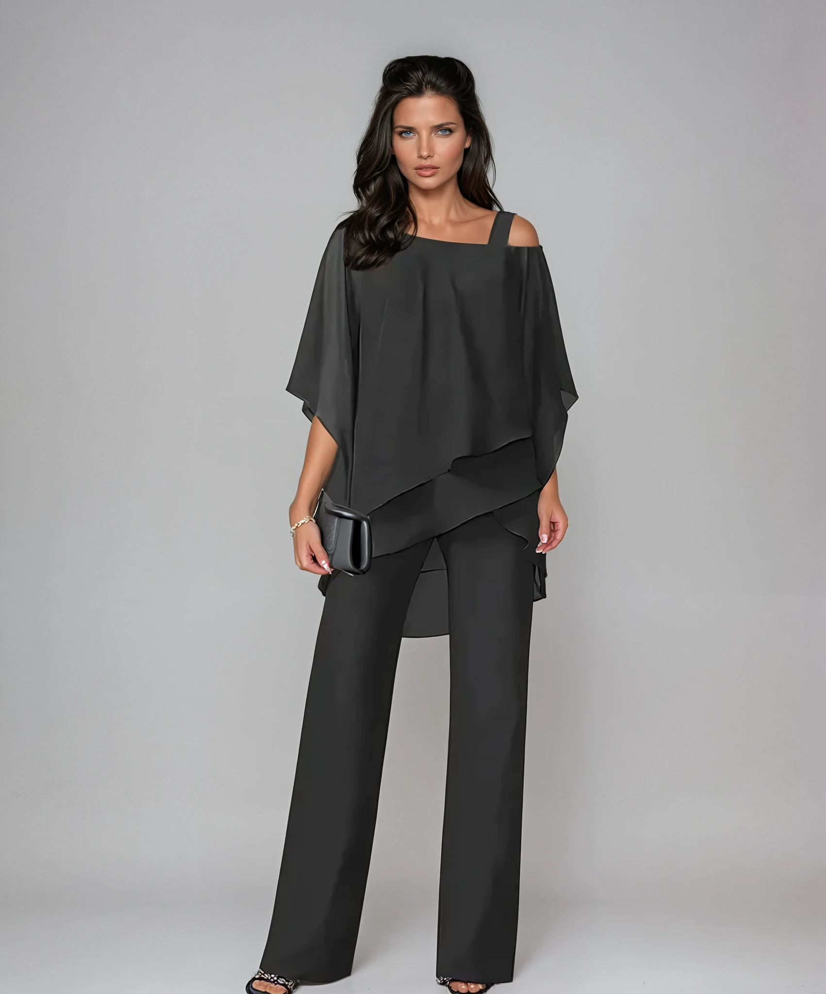 Lucie tweedelige set met asymmetrische ponchotop - antraciet