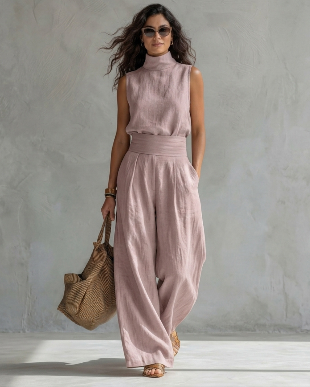 María set met elegante wijde broek en top in lichtroze