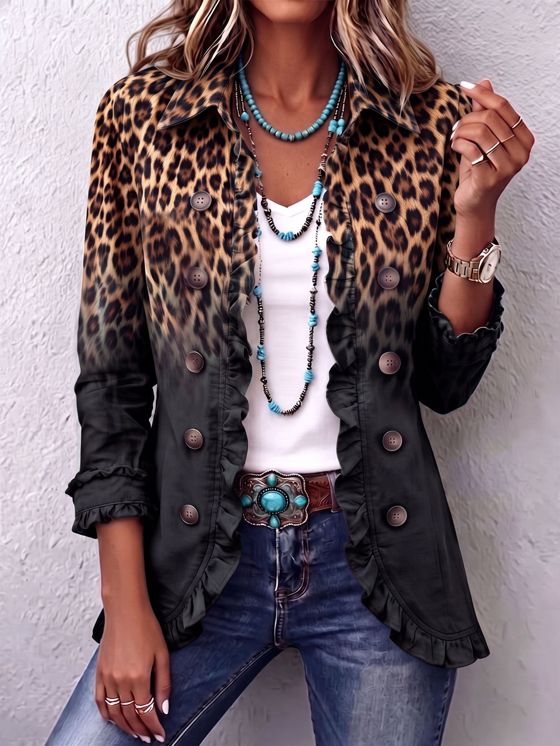 Sabina | Zwarte Leoparden Blazer met Volants