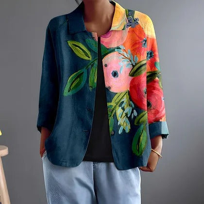 Persephone luchtige blouse met klaprozenprint op zeegroen