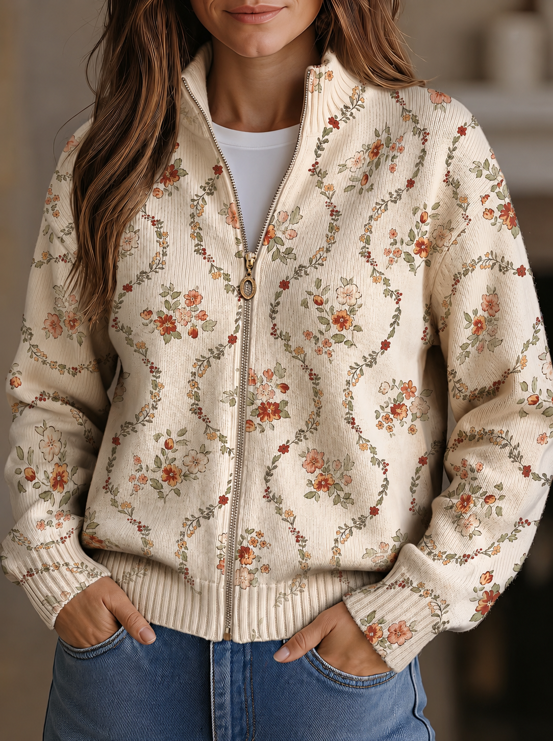 Persephone vest met fijne bloemenrank op crème