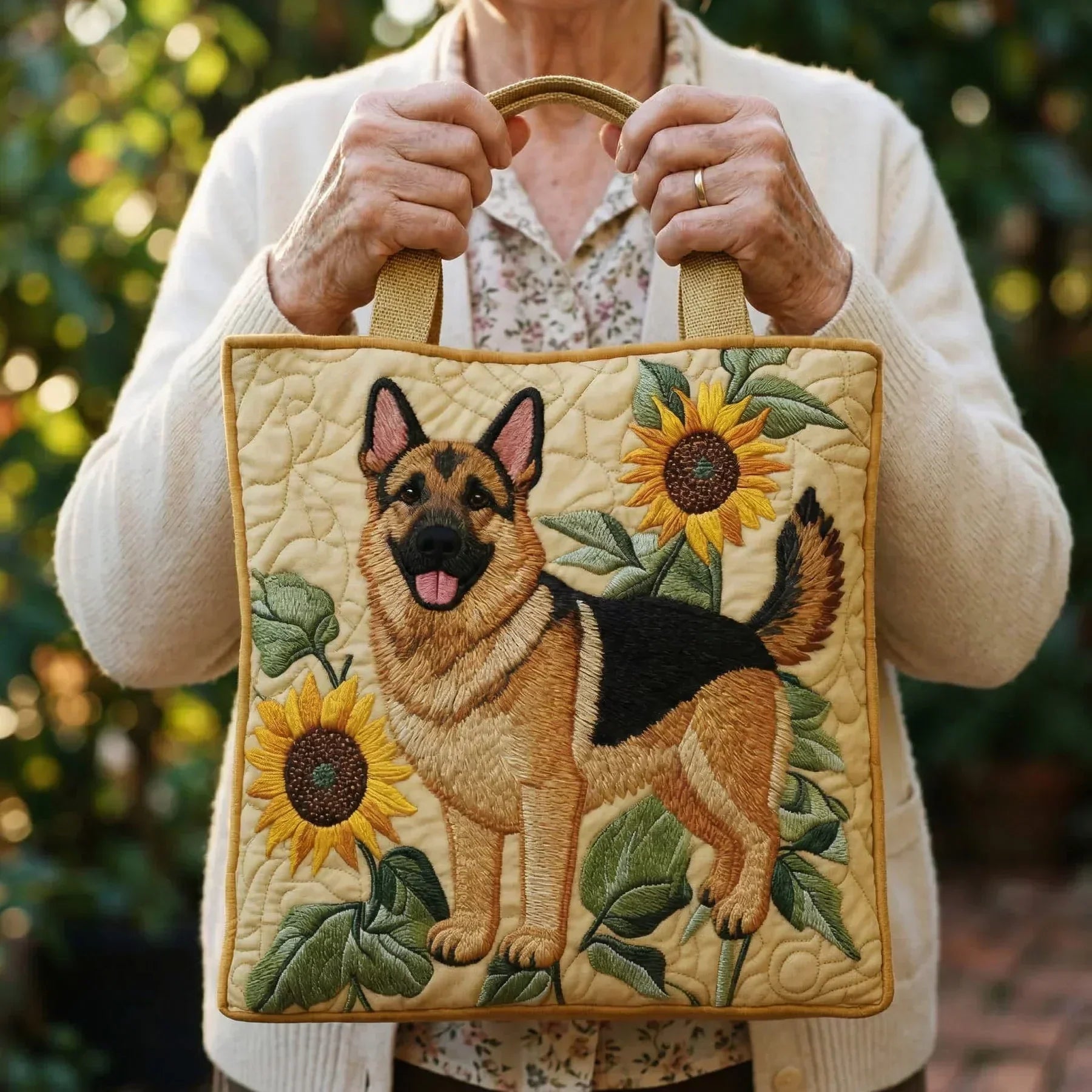 Ambachtelijke tas - Duitse herder met bloemen