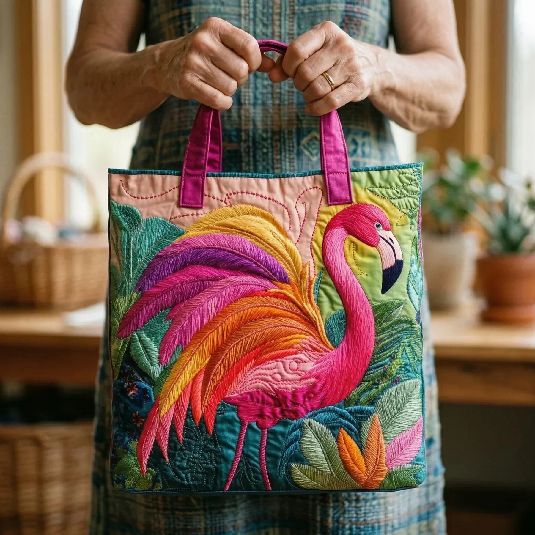 Doorgestikte tas - Regenboogflamingo