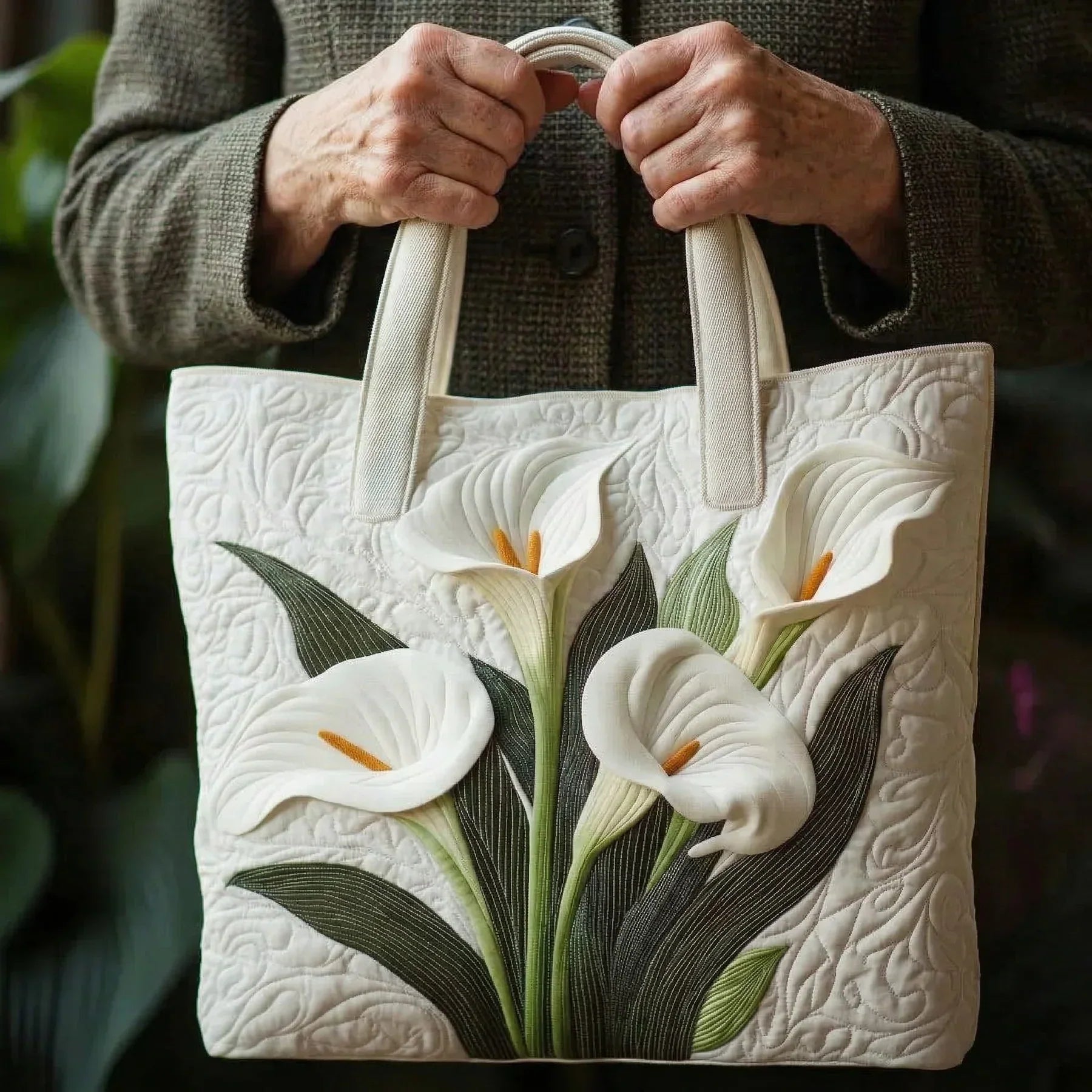 Ambachtelijke doorgestikte tas - Witte calla's