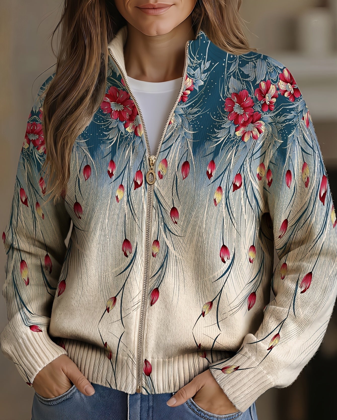 Zillah vest met bloemen- en pauwenveerprint in kleurverloop