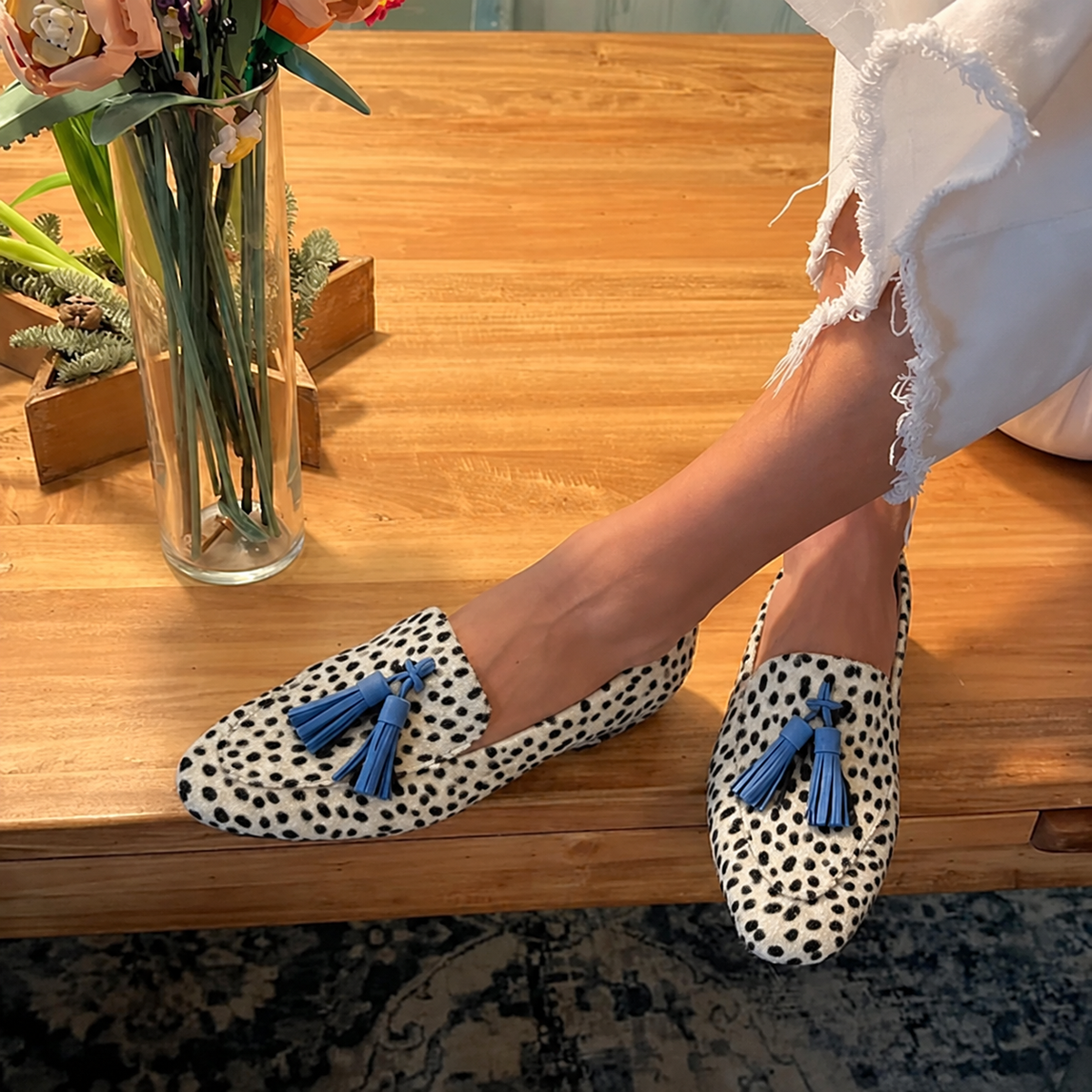 Luipaardprint Loafers met Blauwe Kwast