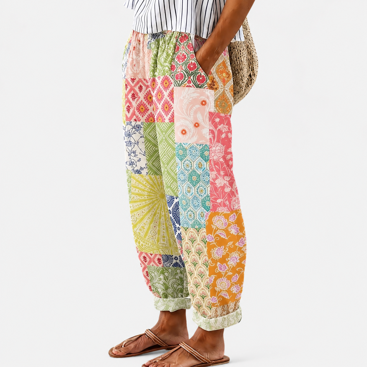 Comfortbroek met bloemen- en mozaïekprint