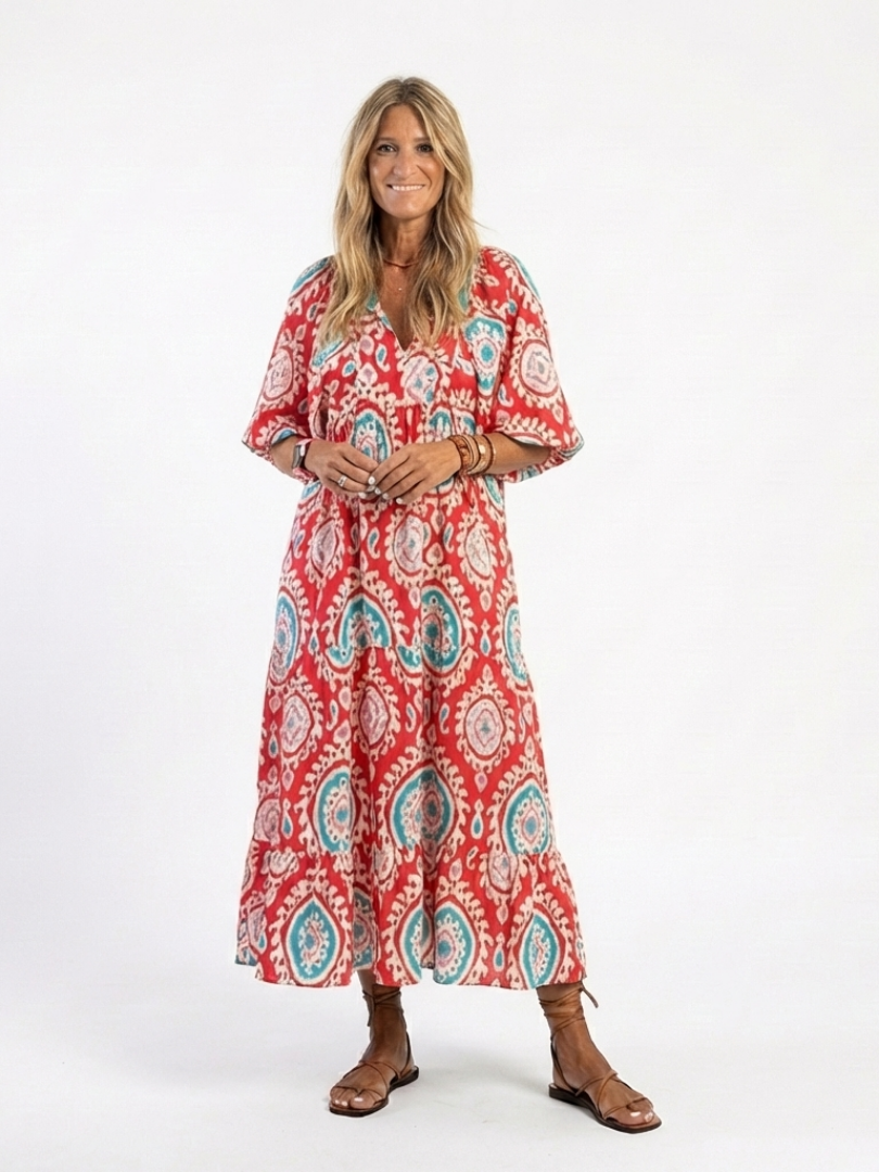 Lokke lange jurk met paisleyprint in rood