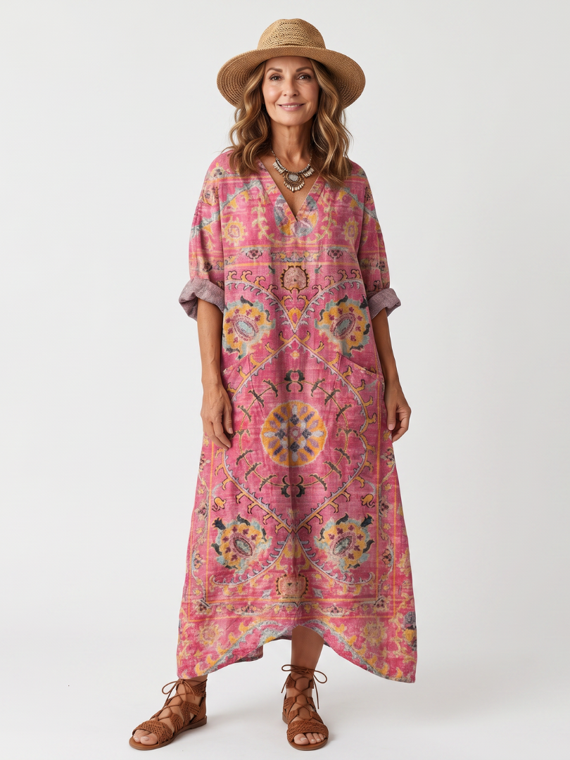 Maartsje lange jurk met abstracte print in roze