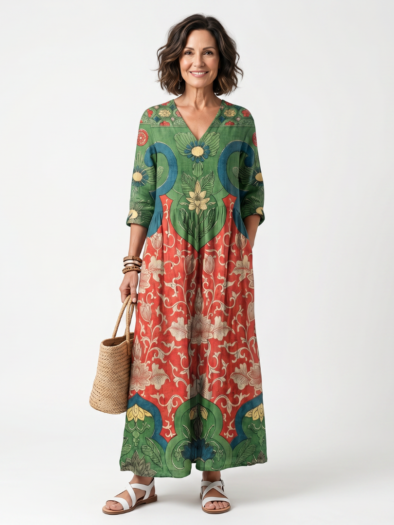 Joke lange jurk met bloemenprint in groen en rood