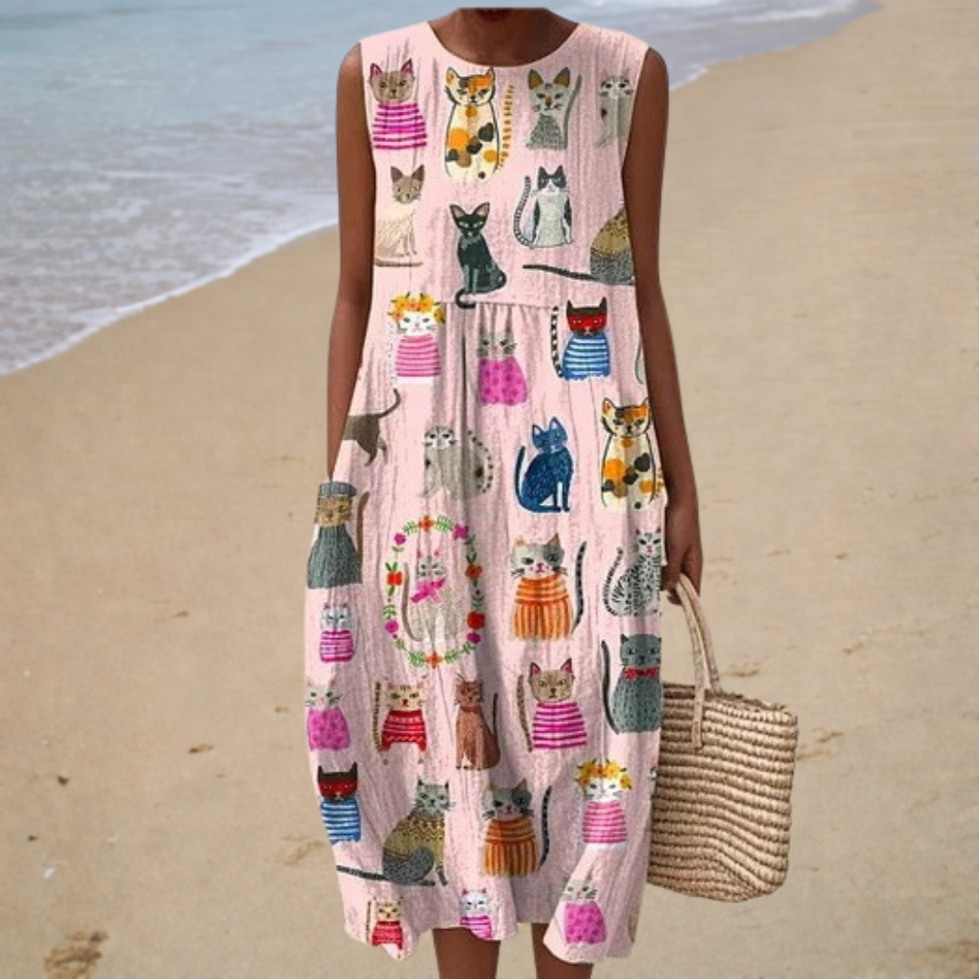 Maaike mouwloze jurk met kattenprint