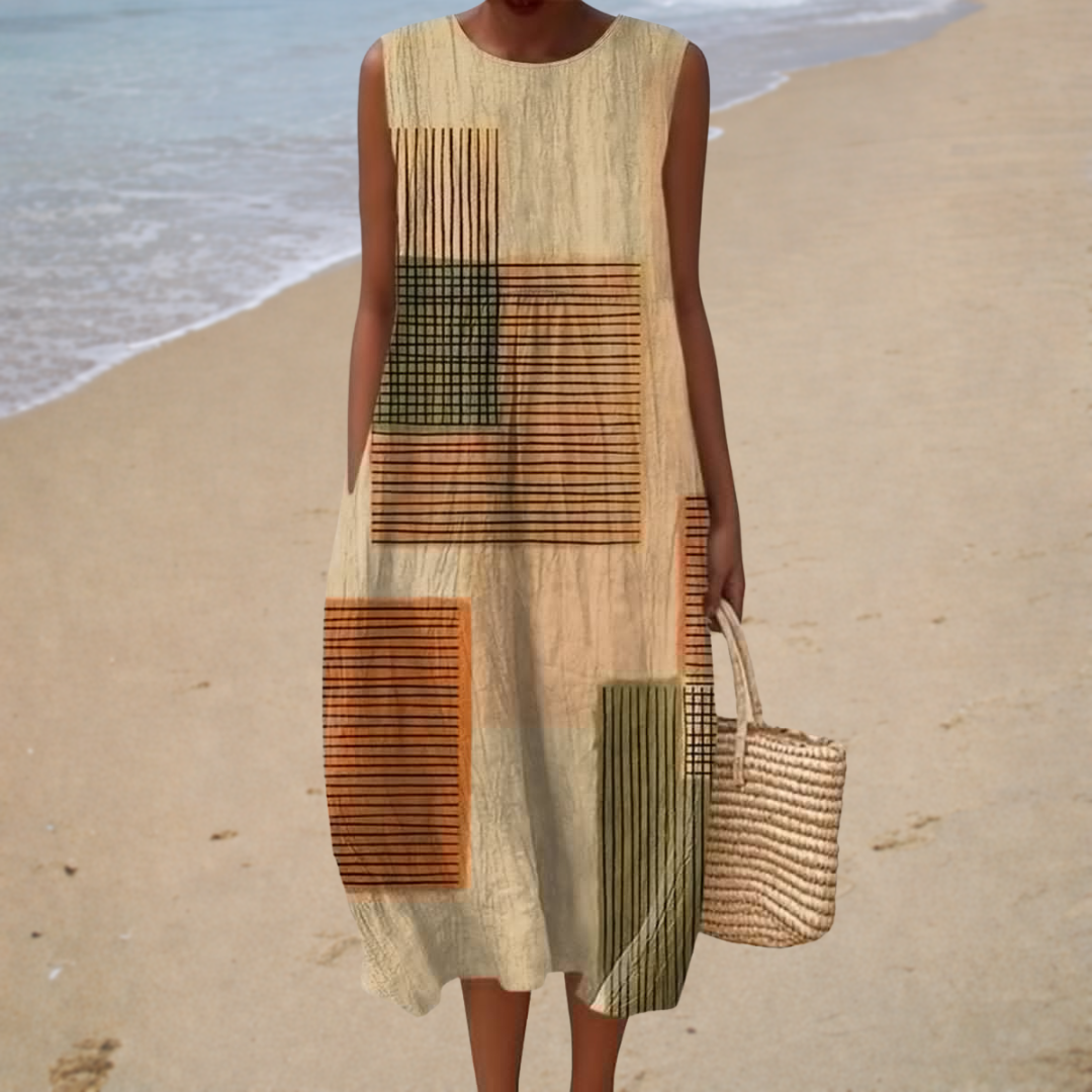 Hermina mouwloze jurk met patchwork in beige