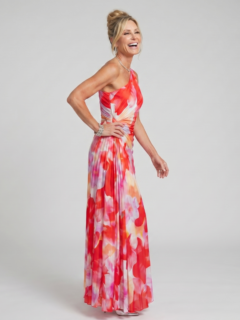 Taya one-shoulder midi-jurk met geplooid lijfje