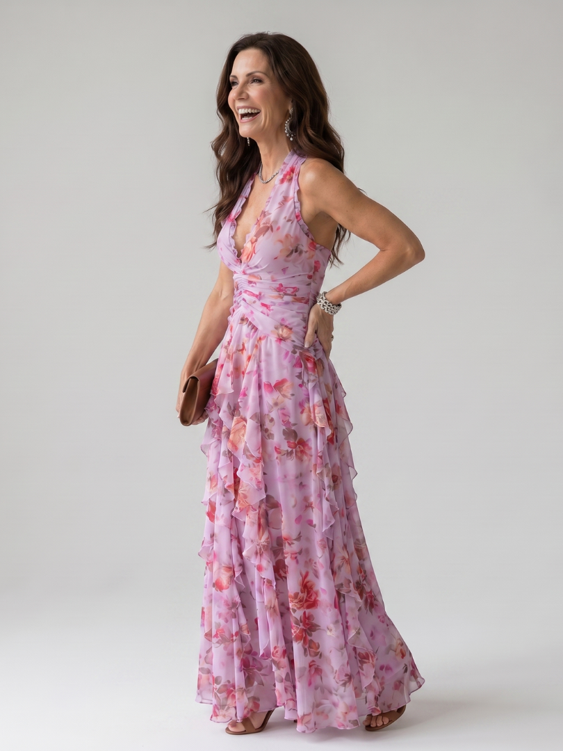 Nori halter maxi-jurk met gerimpeld lijfje en bloemenprint