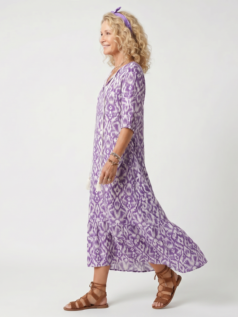 Marrie lange jurk met motiefprint in paars