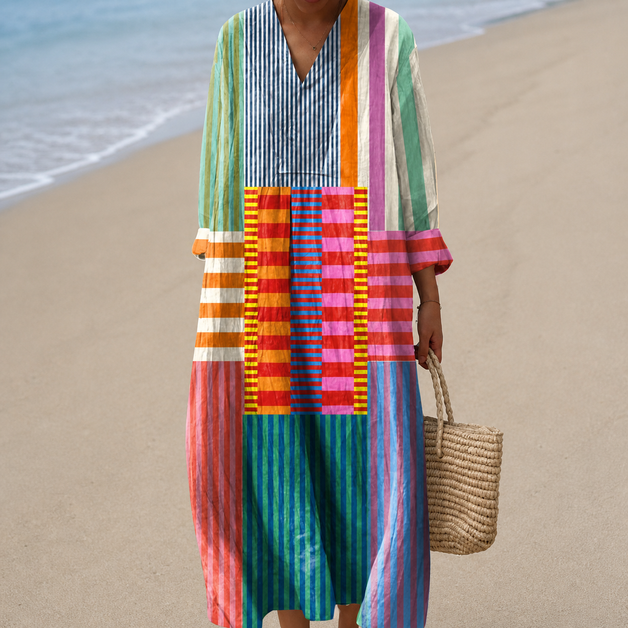 Mieneke jurk met gestreepte patchworkprint