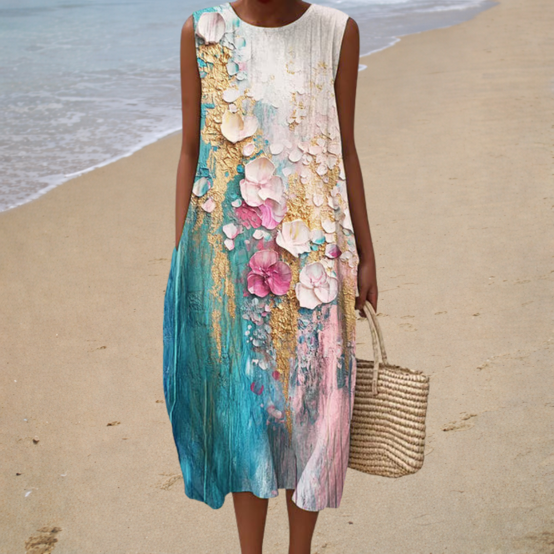 Hendrika mouwloze jurk met aquarelbloemen in turquoise