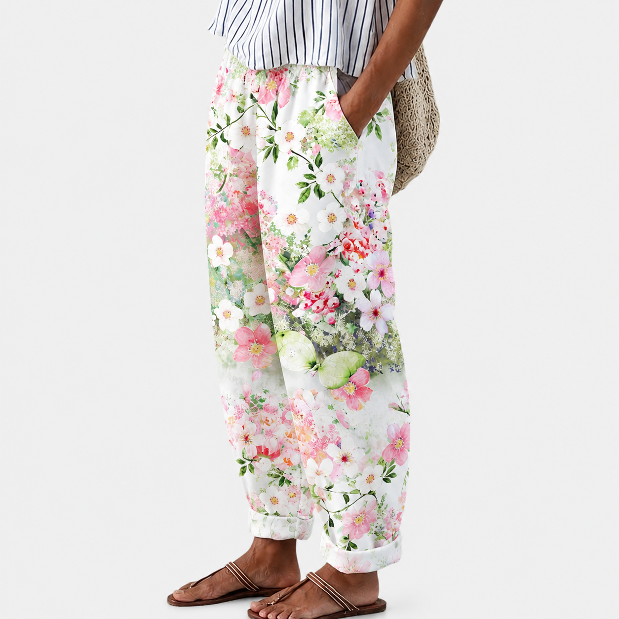 Comfortbroek met roze bloesemprint