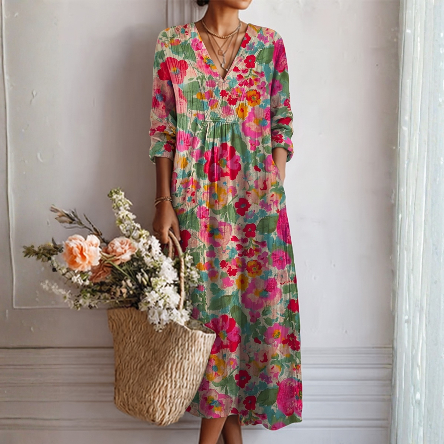 Rosa elegante jurk met bloemenprint