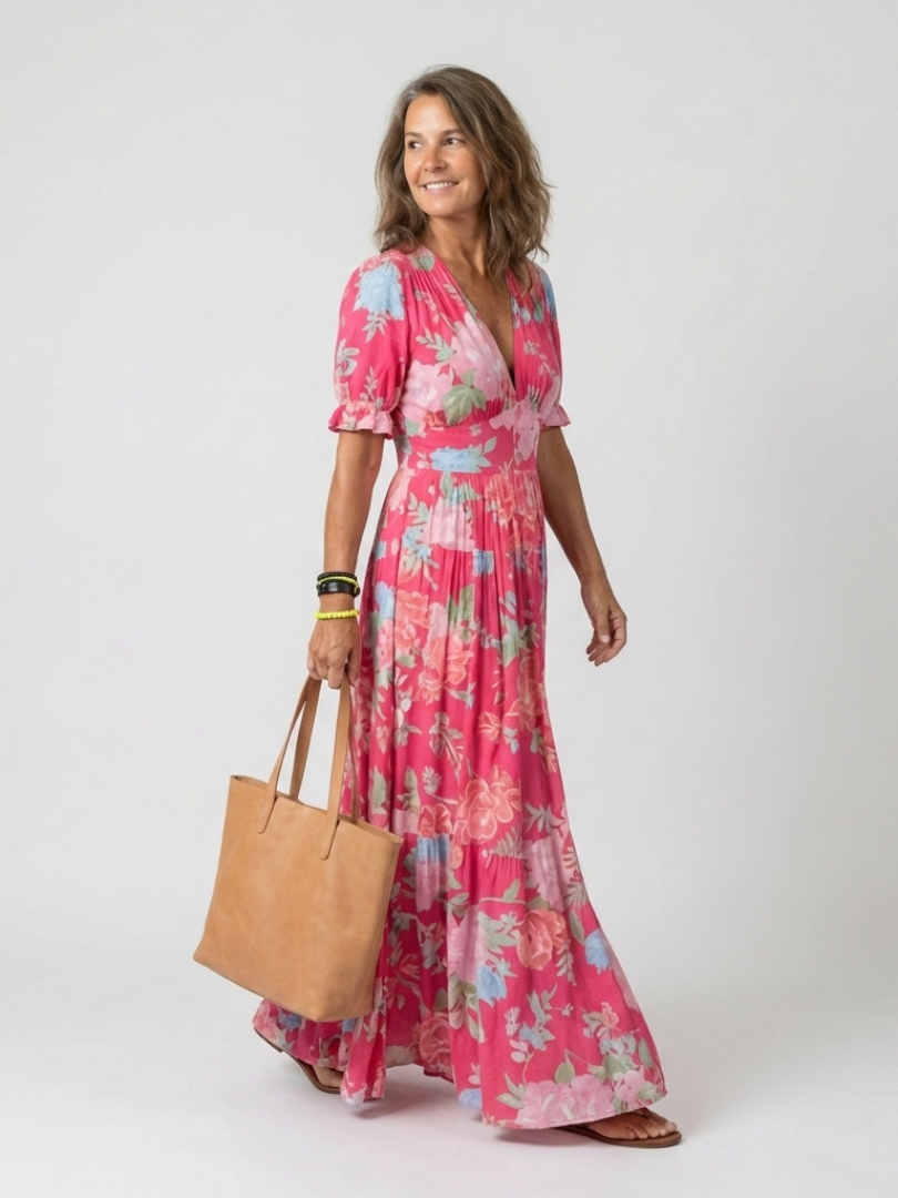 Ione | Korte Mouwen V-Hals Bloemen Midi Jurk