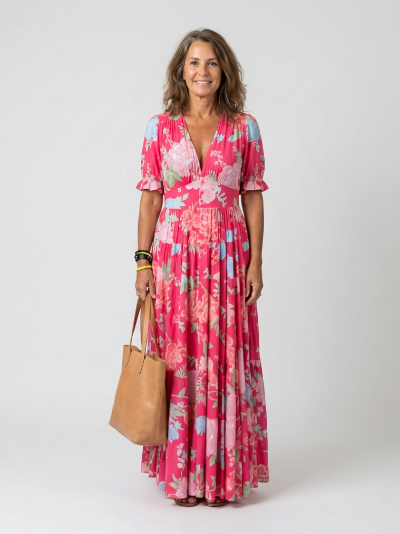 Ione | Korte Mouwen V-Hals Bloemen Midi Jurk