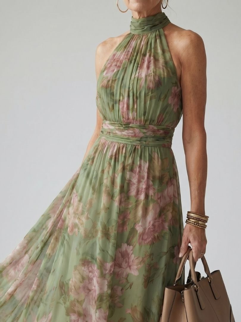 Mirelle halter midi-jurk met gerimpeld lijfje