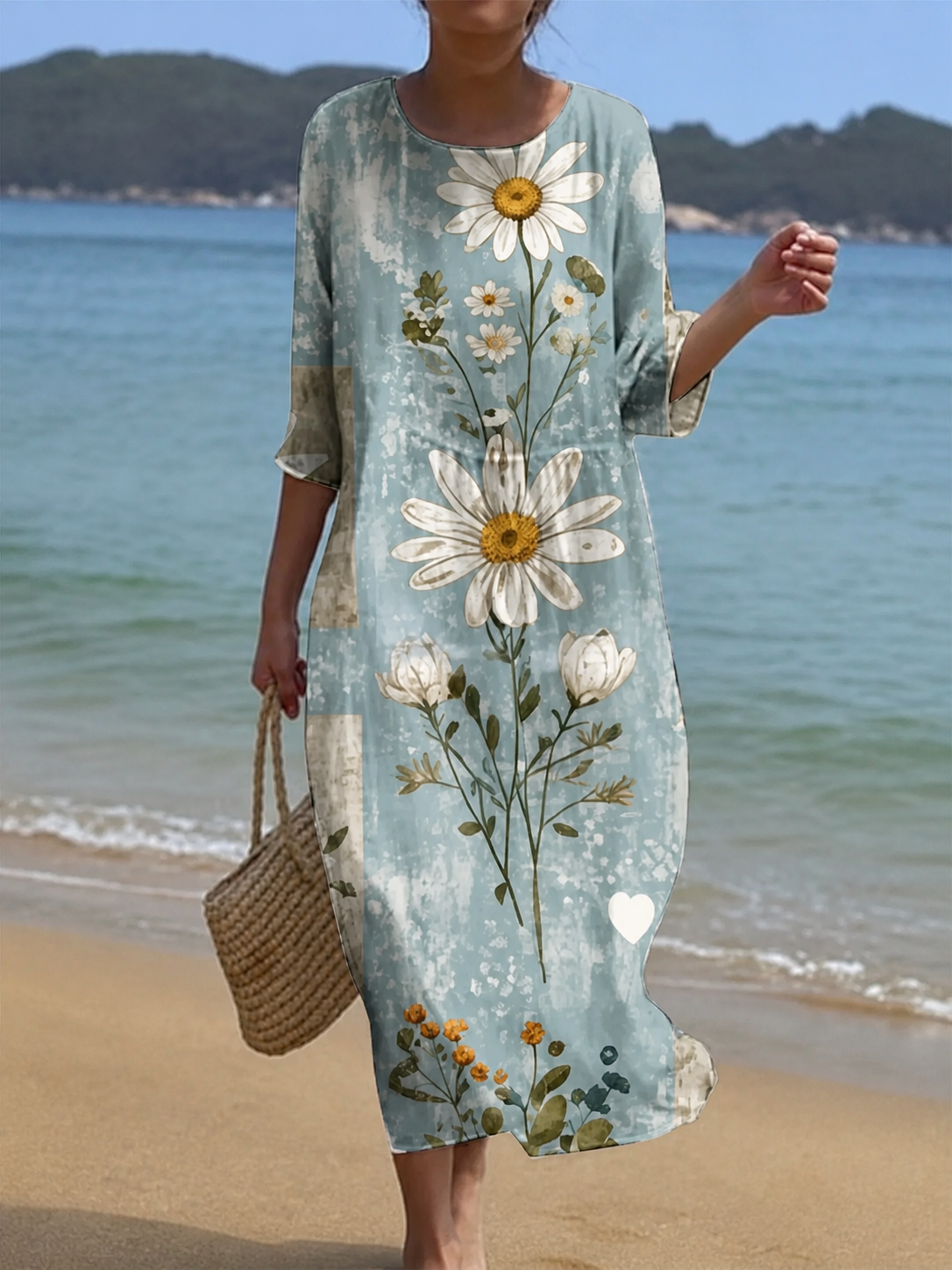 Aleida | Blauwgroene strandjurk met margrietenprint